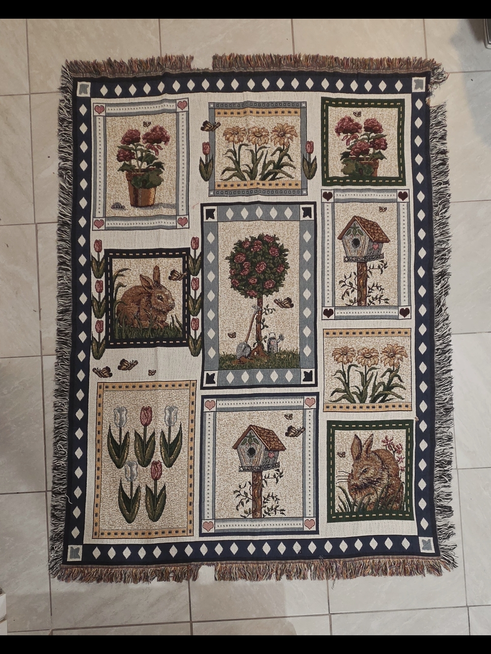 Tapestry Woven Throw Wall Hanging Rabbit Birdhouse Flower Spring Butterfly 26x36